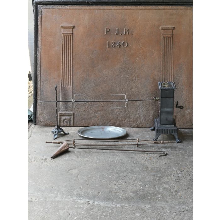 Ancien Tournebroche à Horloge en Fonte, Fer forgé, Laiton, Cuivre 