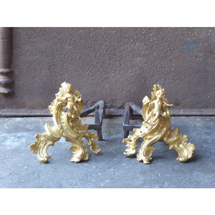 Chenets Louis XV en Bronze Doré en Fer forgé, Bronze doré 