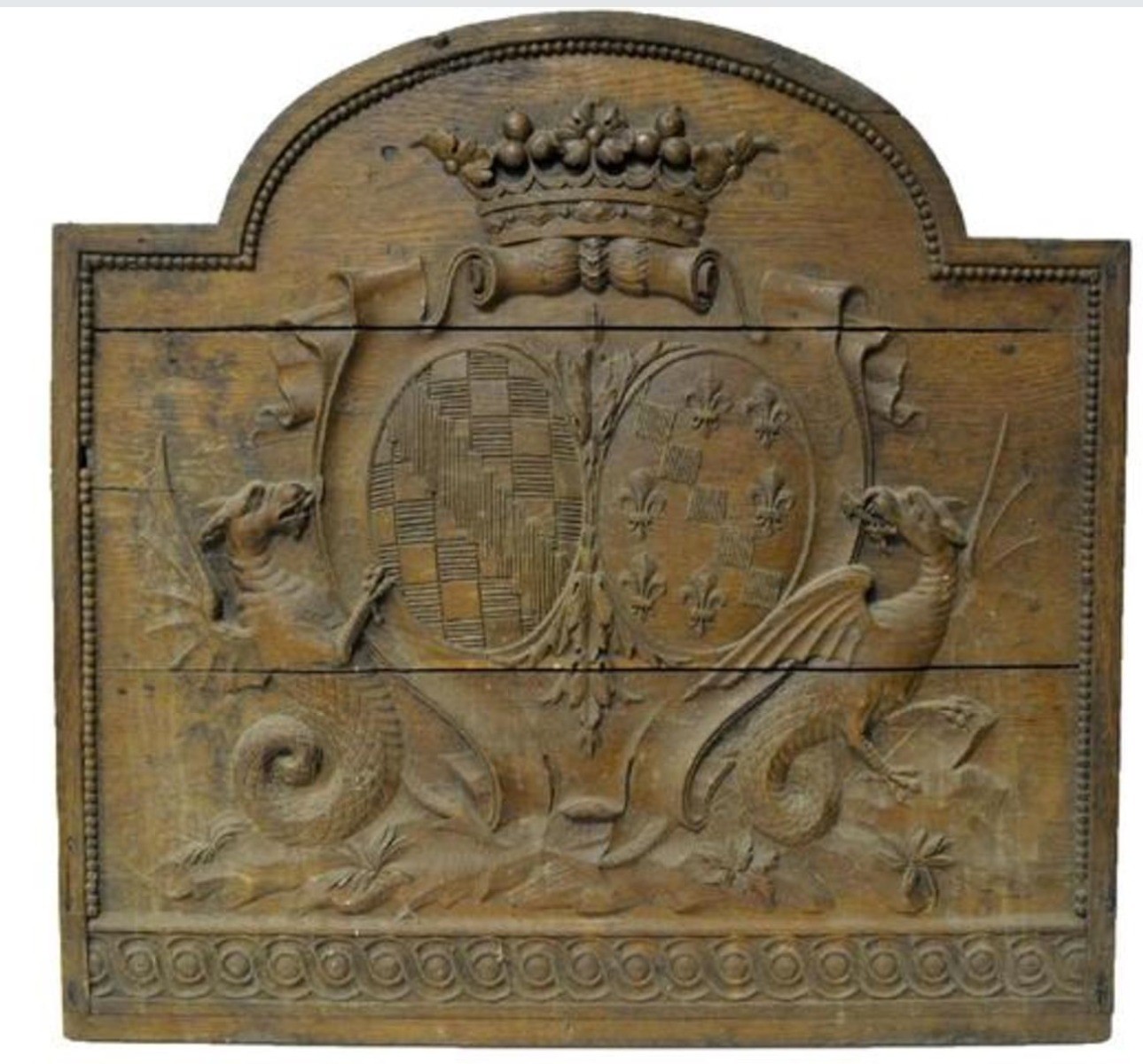 Plaque de cheminée ancienne en fonte Couronne blason fleurs de lys